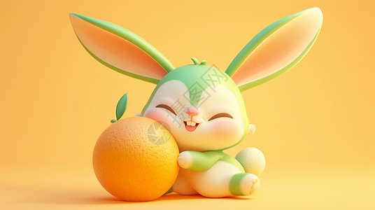 长耳朵立体可爱的兔子与橙子背景图片