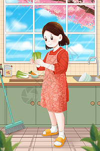 干家务厨房里忙碌的妈妈插画