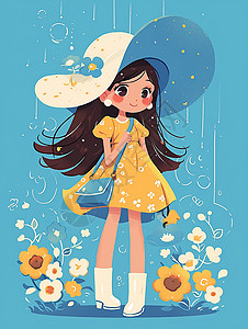 戴着遮阳帽穿着黄色连衣裙的可爱卡通小女孩高清图片