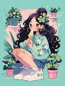 盆栽冰激凌在植物旁吃雪糕的可爱卡通小女孩插画