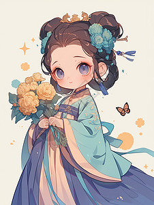 日本可爱小美女穿着汉服手拿花朵可爱的古风装扮卡通小美女插画