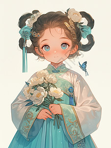 日本可爱小美女白色背景穿着绿色汉服手拿花朵可爱的古风装扮卡通小美女插画