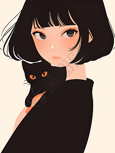 白色背景穿着黑色毛衣抱着小黑猫的短发卡通女孩背景图片