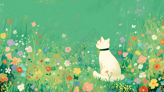 白色卡通猫在开满花朵的草丛中背景图片