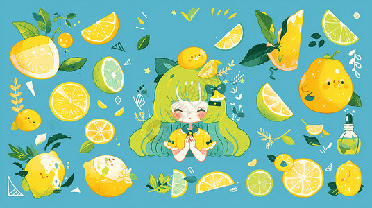 柠檬主题漂亮的女孩贴纸背景图片