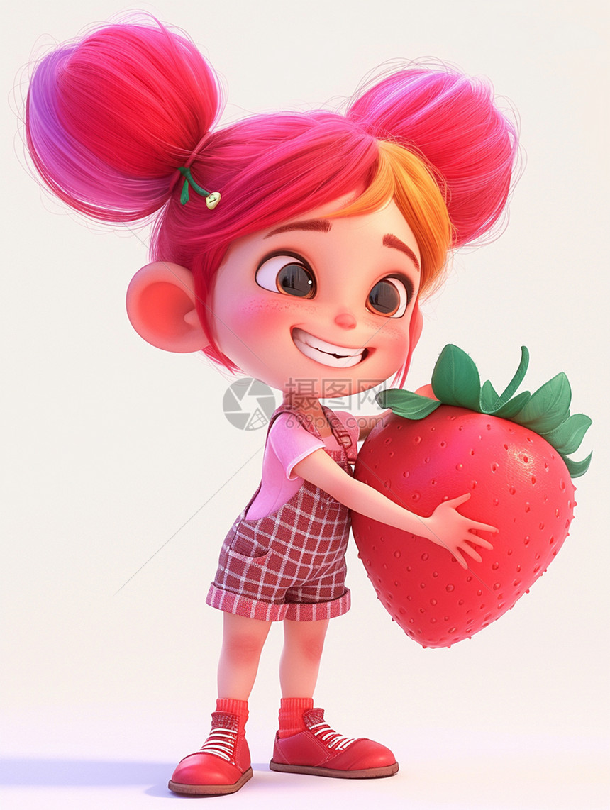 扎丸子头抱着大草莓可爱的卡通小女孩图片
