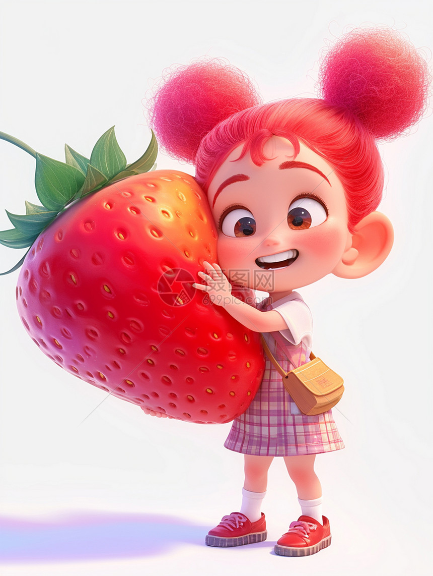 抱着大草莓可爱的卡通小女孩图片