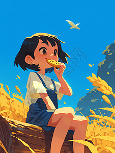 坐在木头上吃饼干穿背带裙的可爱卡通小女孩高清图片