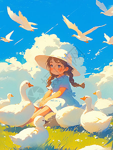 大白鹅与小女孩蓝天白云下坐在绿色山坡上放鹅的可爱卡通小女孩插画