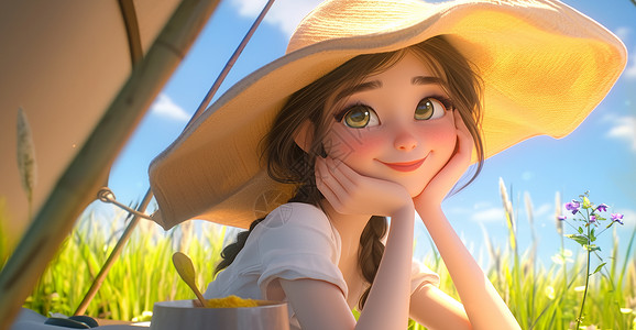 上海滩外景戴着遮阳帽在露营帐篷外欣赏外景的卡通小女孩插画