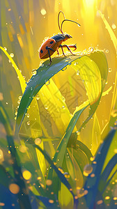 夏季七星瓢虫雨后趴在草叶上一个七星瓢虫插画