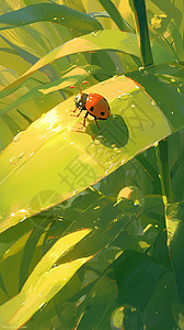 七星潭雨后趴在草叶上一个可爱小小的七星瓢虫插画