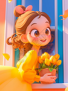 站在窗前站在窗边手捧着花束面带微笑的可爱女孩插画