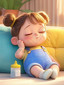卡通可爱奶瓶穿着背带牛仔裤依靠在沙发上睡着了的可爱卡通小女孩插画
