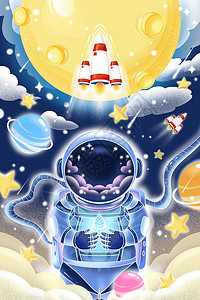 治愈系卡通世界航天日宇宙月球宇航员火箭场景插画插画