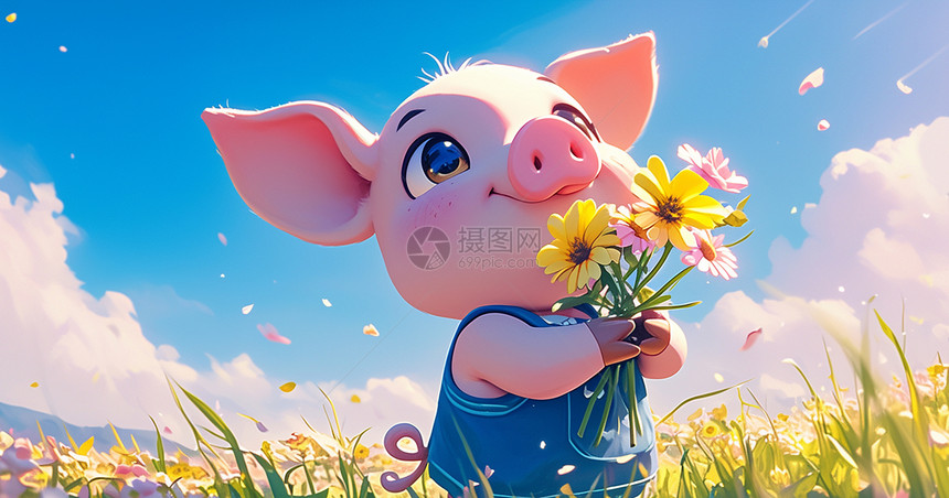 怀抱着花束站在花丛中的可爱卡通小猪图片