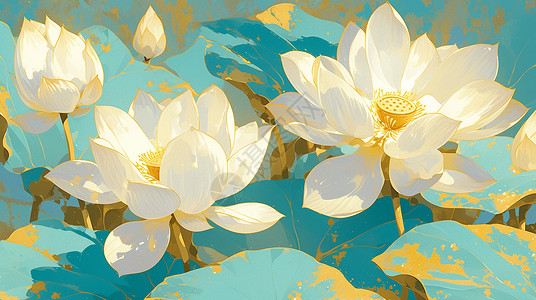 金色唯美漂浮中国风唯美优雅的荷花插画
