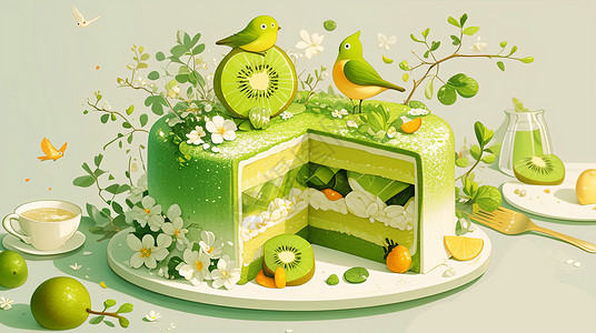 周至绿心猕猴桃春天主题唯美的卡通蛋糕插画