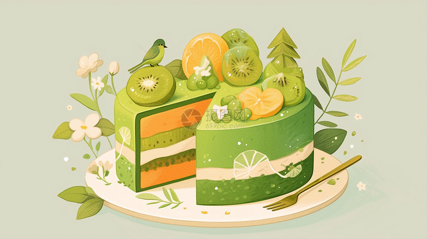 清新绿色调春天主题唯美的卡通蛋糕图片