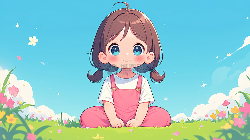 穿着粉色背带裤坐在草地上休息的卡通小女孩图片