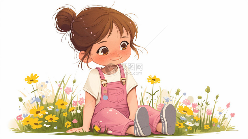 穿着粉色背带裤坐在草地上休息的可爱卡通小孩图片