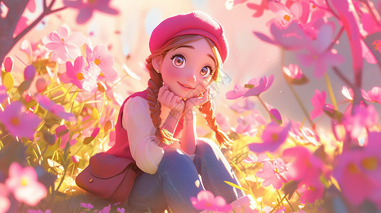 戴着粉色贝雷帽坐在花园中赏花的女青年背景图片