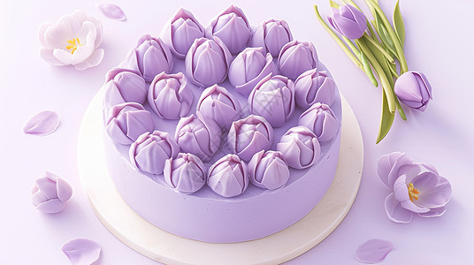 浅紫色郁金香花朵主题美味的卡通蛋糕背景图片