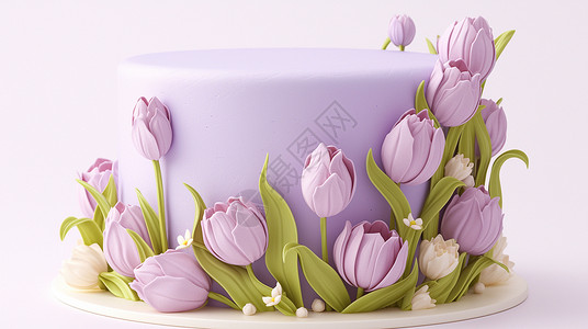 花朵蛋糕浅紫色郁金香花朵主题美味的蛋糕插画