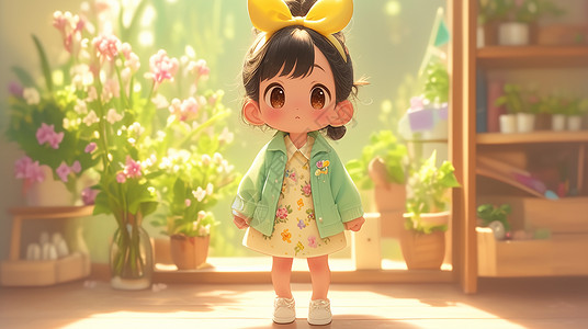 头戴黄色蝴蝶结发卡穿着外套可爱的卡通小女孩背景图片