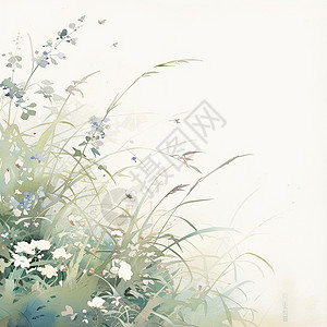 一簇草丛中几朵小野花春天浅色系唯美的卡通背景背景图片
