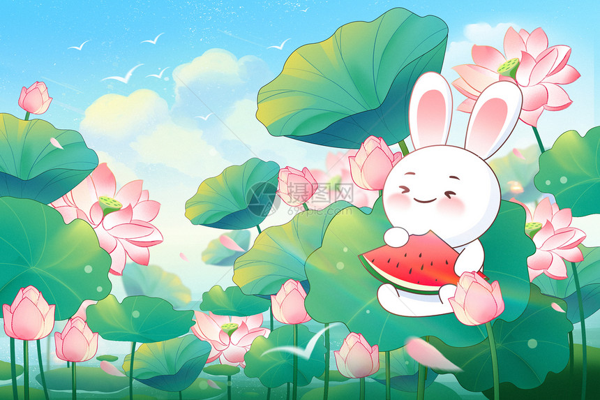 夏天立夏在荷花池可爱兔子吃西瓜插画图片