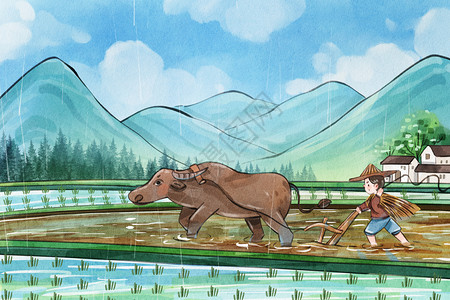 手绘谷雨之水牛耕地场景风景插画图片