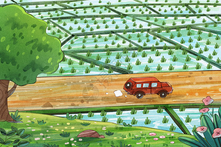 汽车与环境污染手绘水彩田野小路与汽车风景插画插画