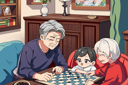 恩爱的爷爷奶奶老年人孙子爷爷奶奶休闲下棋赛璐璐插画插画