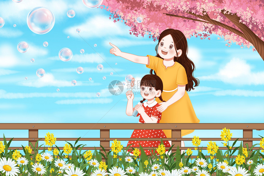 樱花树下吹泡泡的温馨母女图片