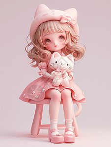 卡通板凳身穿粉色连衣裙坐在板凳上抱着玩具的小清新卡通女孩插画