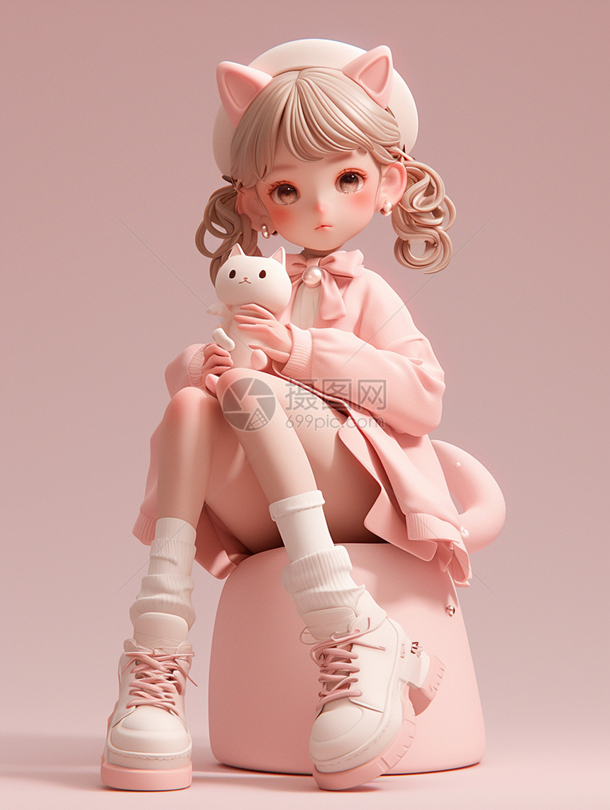 粉色连衣裙坐在板凳上抱着玩具的小清新卡通女孩图片