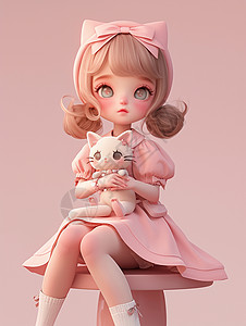 穿粉色连衣裙坐在板凳上抱着玩具的小清新卡通女孩高清图片