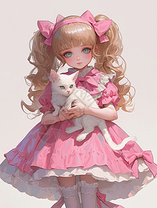 可爱萝莉穿粉色公主裙的卡通小女孩与她的宠物猫插画