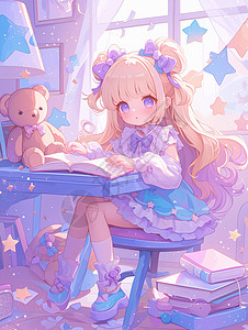 坐着看书的女孩坐在书桌前看书的可爱卡通小女孩紫色主题插画插画