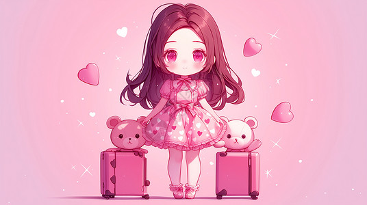 粉色旅行箱站在大大的行李箱旁穿着公主裙可爱小女孩插画