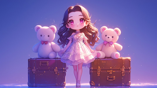 粉色旅行箱站行李箱旁穿着公主裙可爱卡通小女孩插画