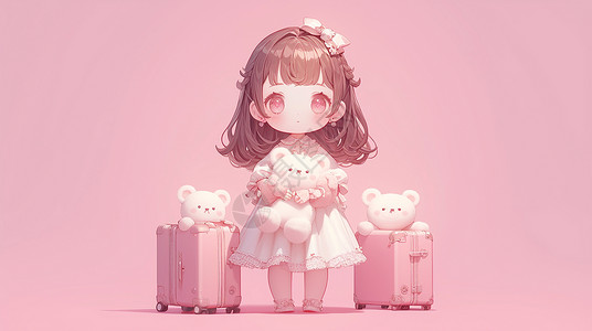 可爱的玩具熊粉色背景下站在大大的行李箱旁穿着公主裙可爱卡通小女孩插画