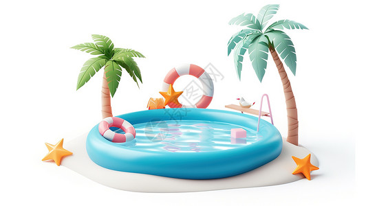 孤岛椰子树游泳池夏天3D插画