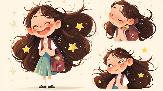 可爱女孩去上学乖巧可爱卡通小女孩背着书包插画