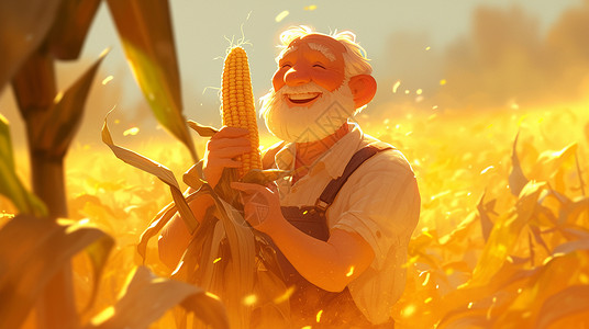 在金黄色的田地中丰收的老爷爷背景图片