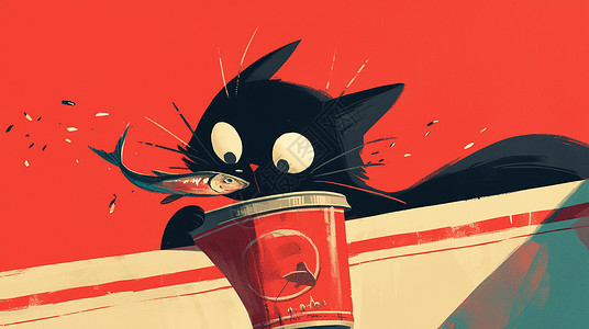 猫吃罐头正在吃鱼的卡通黑猫插画