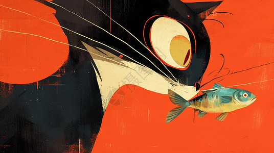 猫吃罐头吃鱼的卡通小黑猫插画
