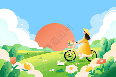 猴子骑车夏日手绘清新五一出游季插画插画
