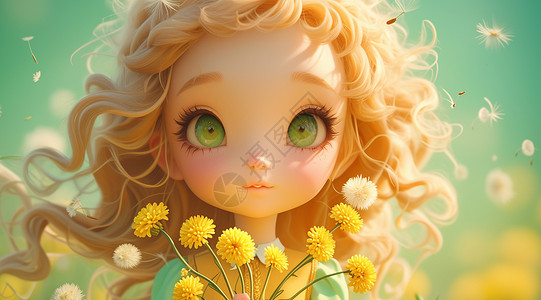 黄色大花朵金色卷发大眼睛可爱的金发卡通女孩插画